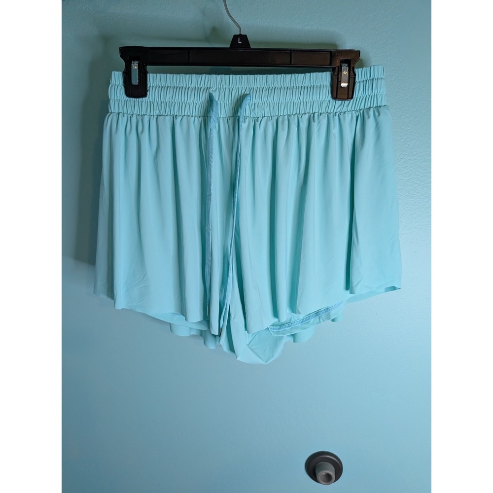 Aqua Blue Flowy Athletic Shorts Smocked Waist Drawstring Built-in Liner Large